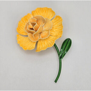 Vintage Flower Brooch Large Yellow Enamel Rose Cottagecore Retro Twee Mod 3.5"